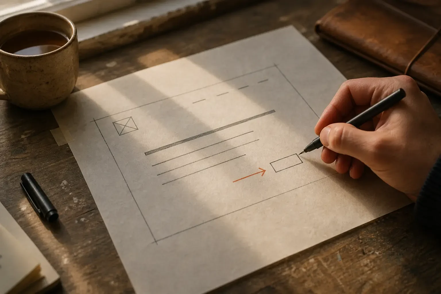 A hand sketching a website wireframe on tracing paper, with a rust-coloured arrow pointing toward a small call-to-action button.